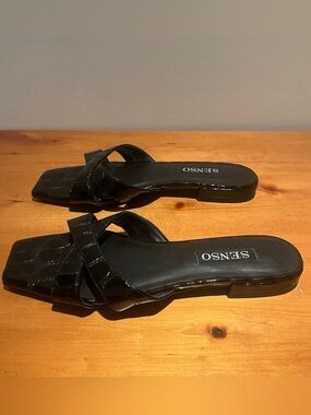 REVOLVE brand SENSO Black Croc-Embossed Square-Toe Flat Slide Mules